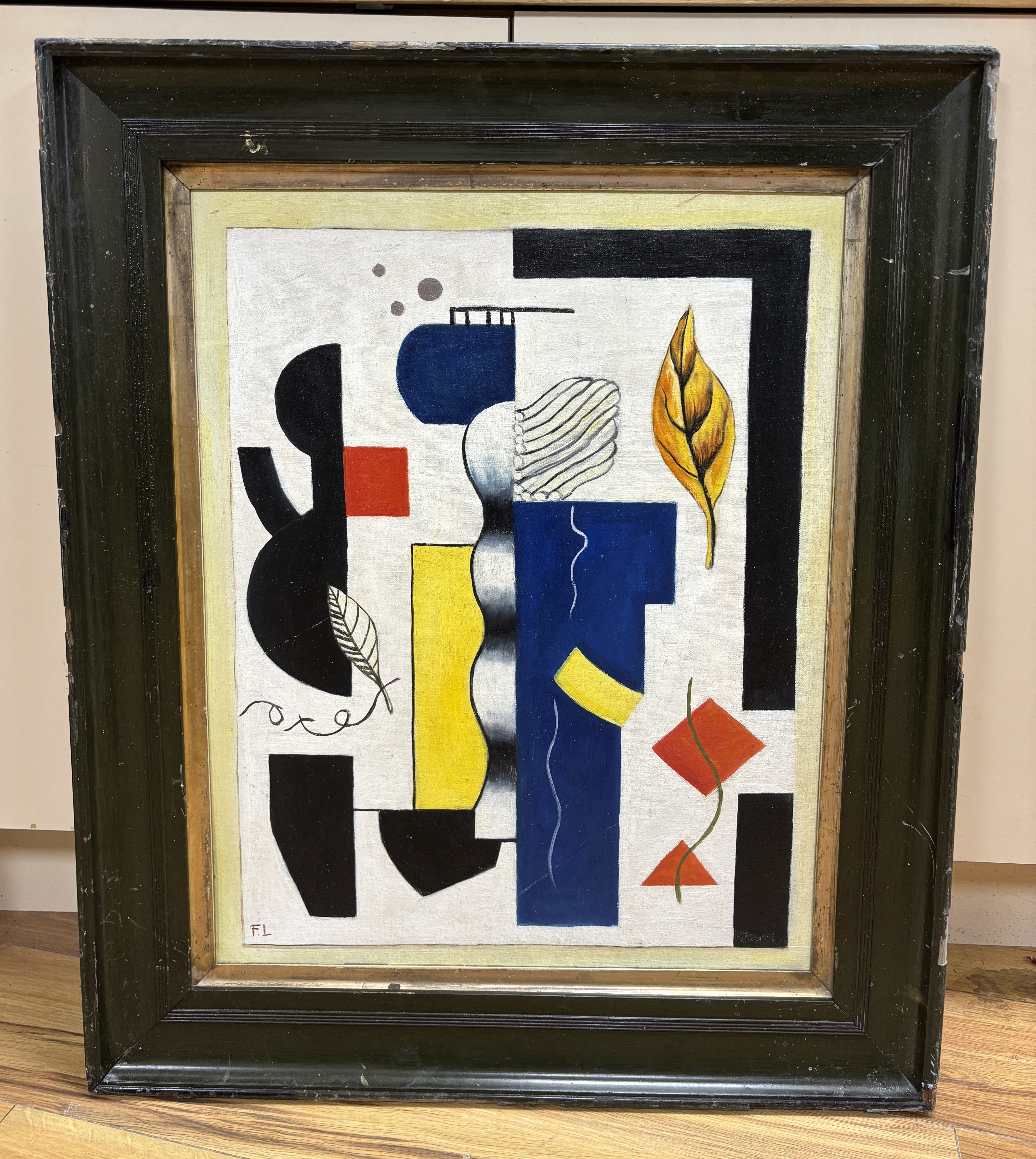 After Fernand Leger (French, 1881-1955), oil on board, Surreal composition, Geometric shapes, 60 x 47cm
